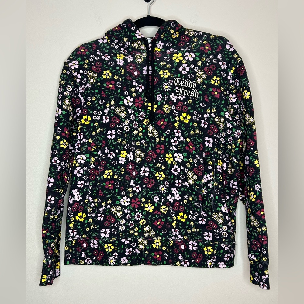 Teddy Fresh Grandma Black Floral Print Hoodie Unisex XS Extra Small Sweatshirt